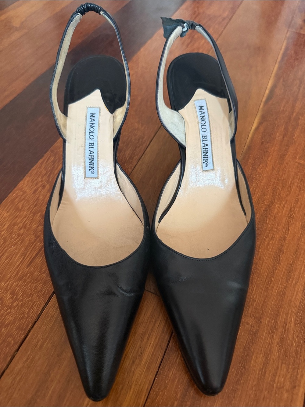Manolo Blahnik Black Pointed Leather Slingback Heels